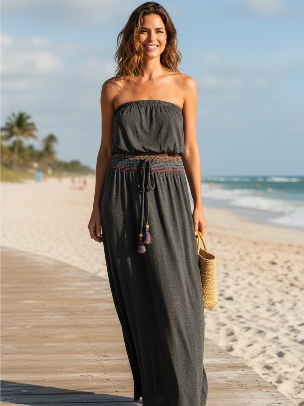 Swim Soluna Strapless Maxi Dress Charcoal Resort Vacation Dress Medium